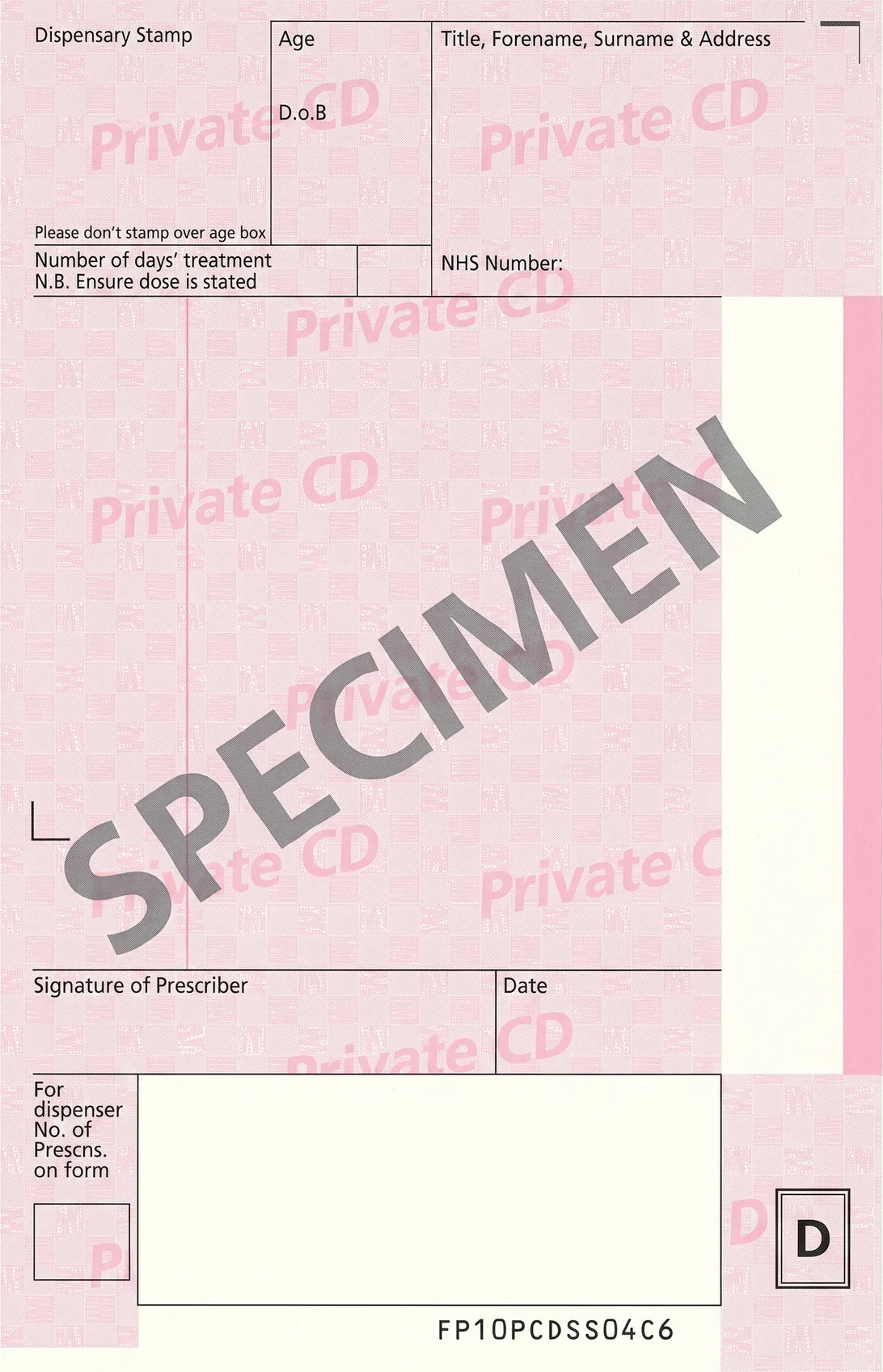 Specimen English FP10PCD private controlled-drug prescription form