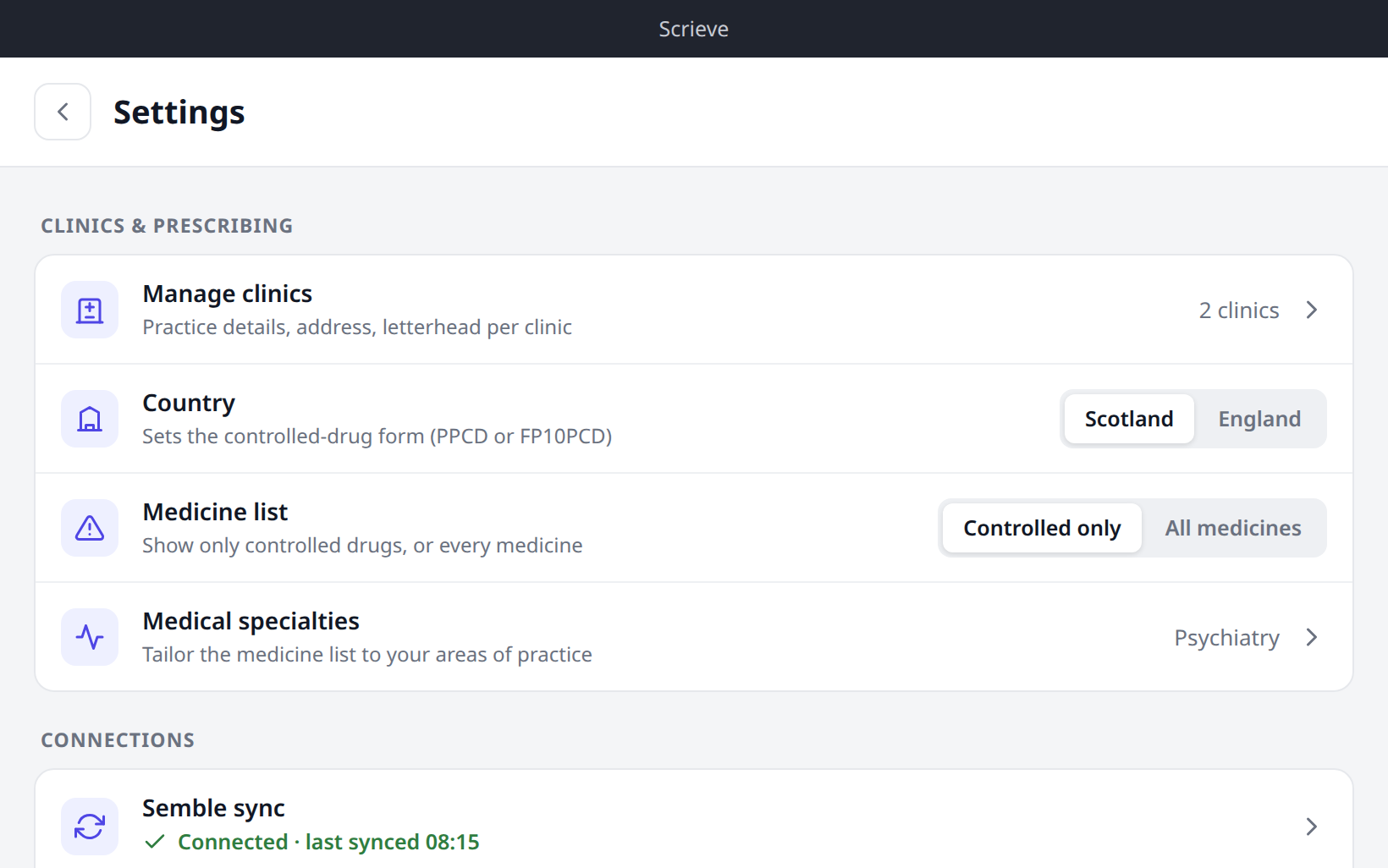 Scrieve settings — appearance, clinic profiles, connectors, printing and encryption
